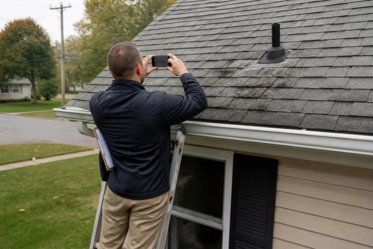 Roofer climbing a ladder to inspect a shingle roof