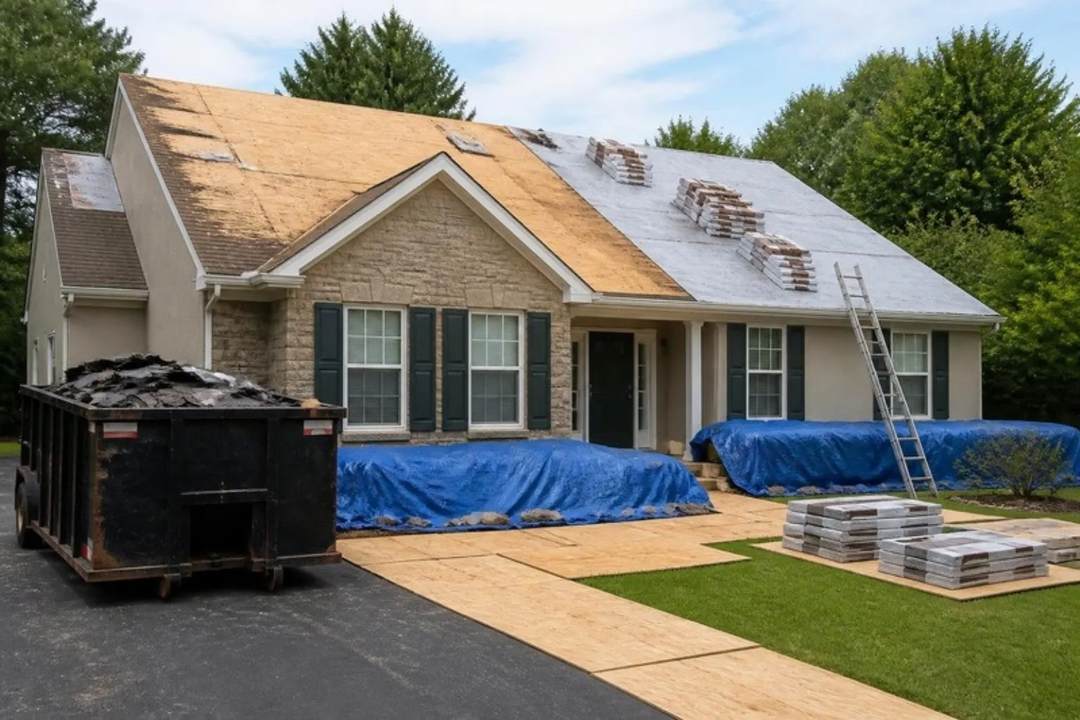 Roofing crew installing new shingles on a two-story home