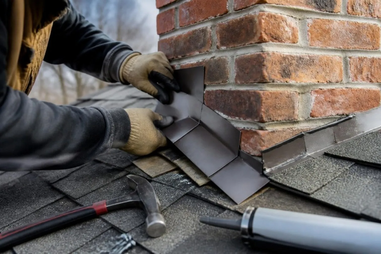 Roofer replacing flashing around a chimney