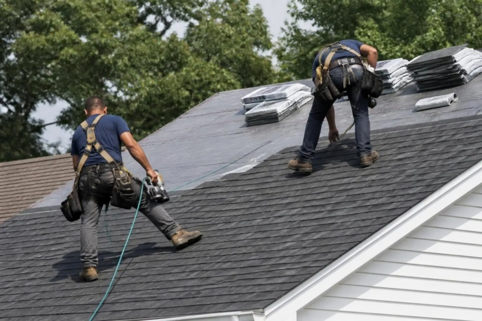 Roofing crew tearing off and replacing an asphalt shingle roof