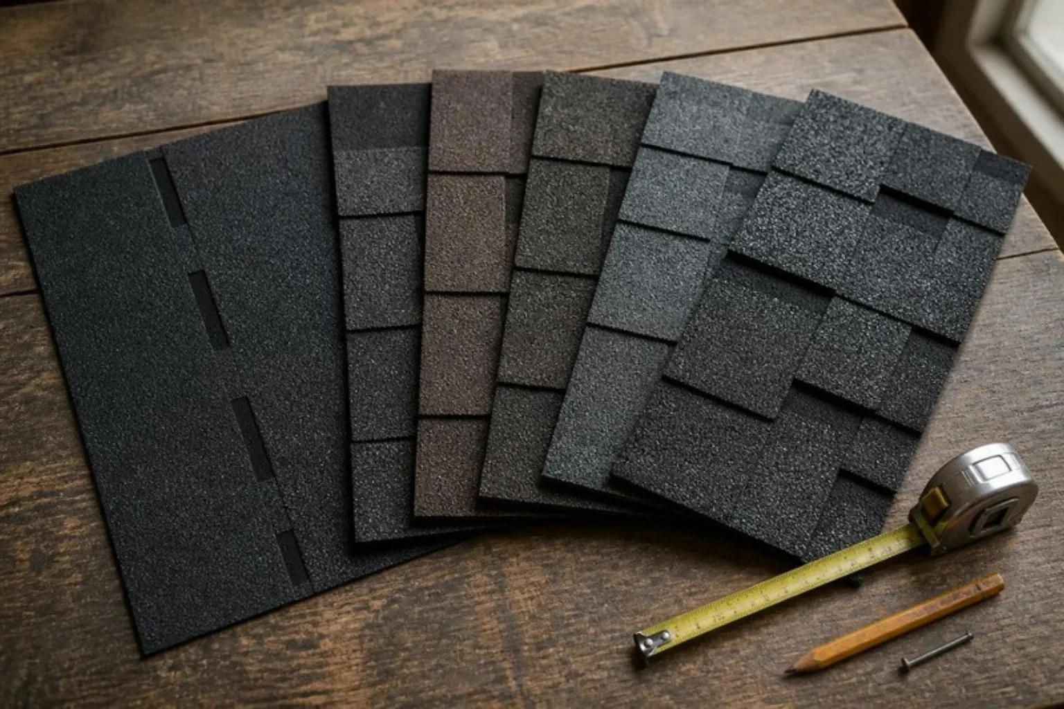 Asphalt shingle samples laid out on a workbench