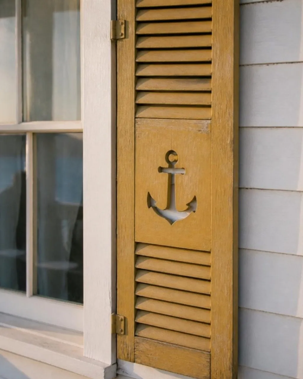 A yellow wooden shutter with a white anchor cut into it