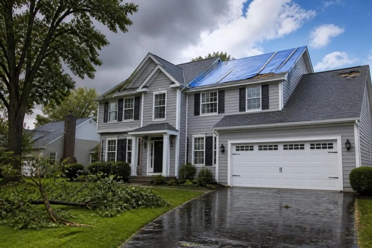 A blue tarp secured over a damaged section of roof after a storm