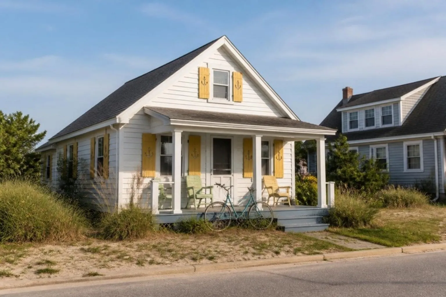 A small shore cottage with yellow shutters cut with white anchors